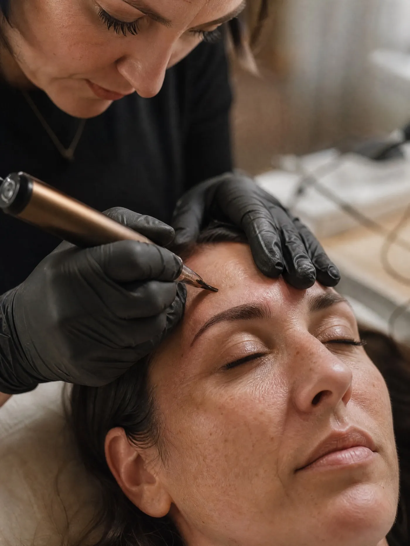 PMU-Artistin schattiert eine Augenbraue mit dem Powderbrow-Gerät