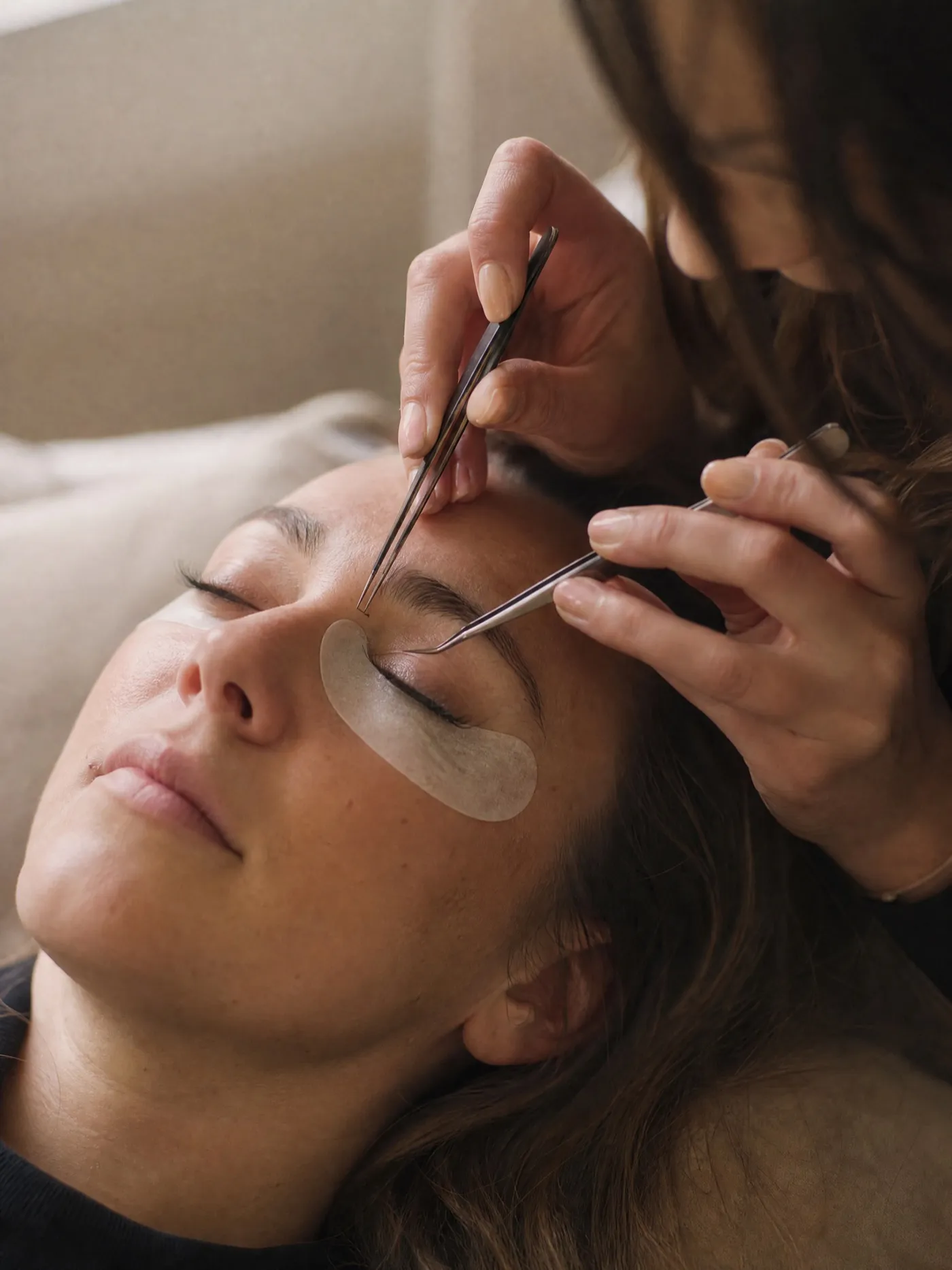 Wimpernstylistin setzt mit zwei feinen Pinzetten eine Wimpernverlängerung